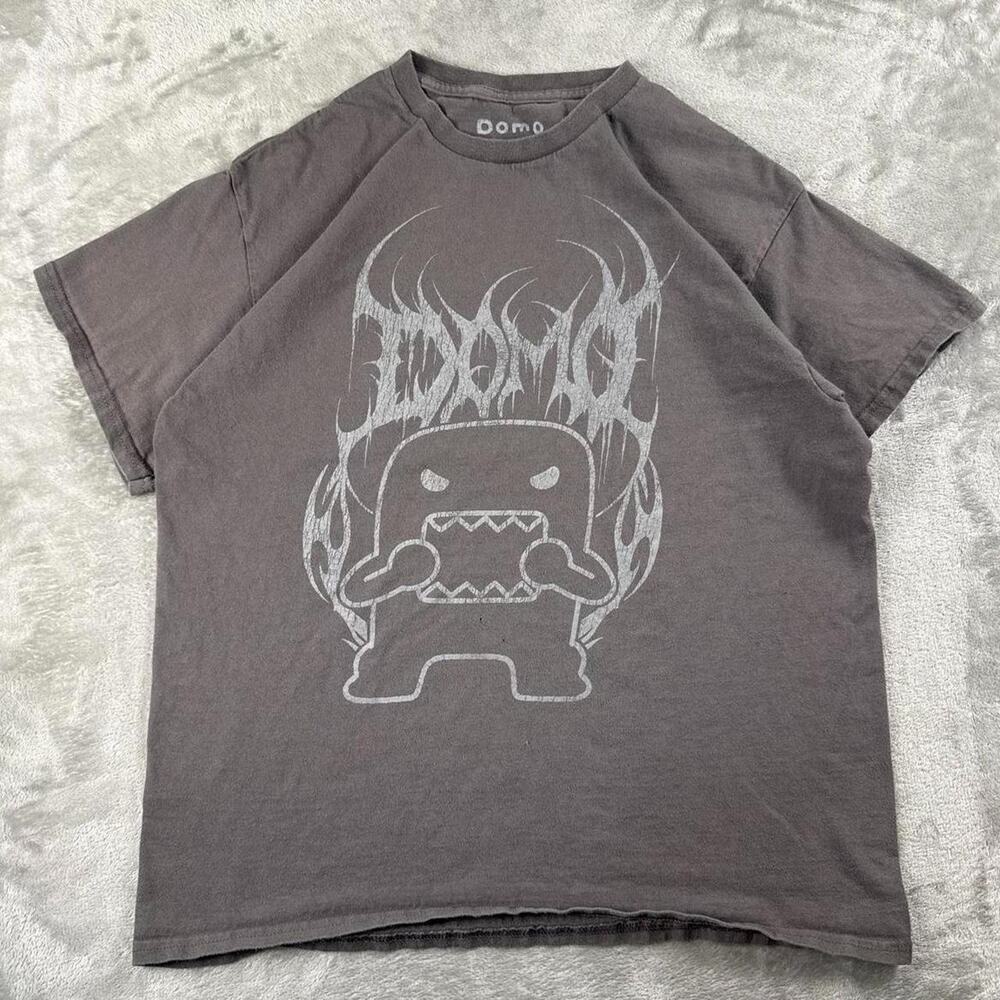 Y2K Domo Men’s Large Gray Flame Graphic T-Shirt Cotton Cartoon Tee